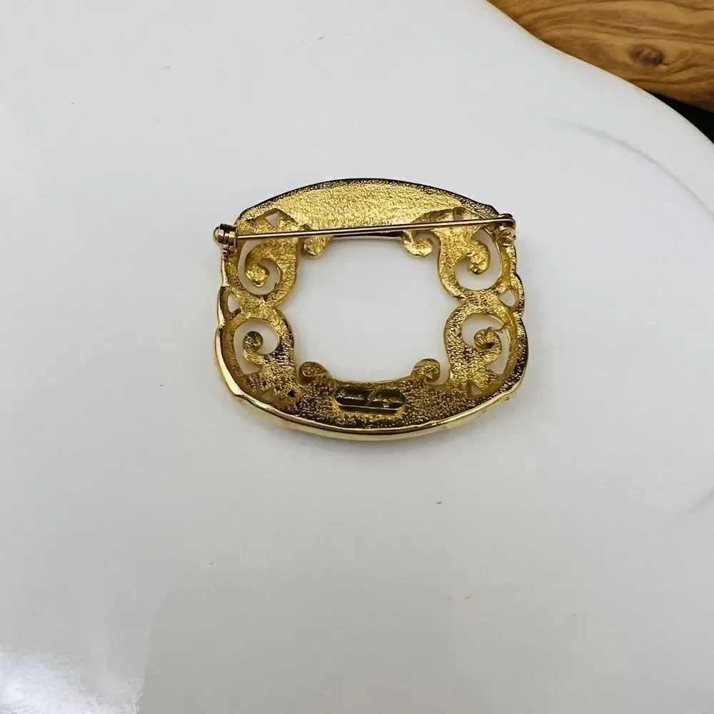 Vintage GINNIE JOHANSEN Gold Tone Black Enamel Brooch Open Work 4093